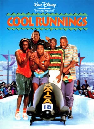 Cool Runnings poster 5 men in colourful shorts and tshirts standing behind a bobsled shivering on an ice track spectators cheering in the background