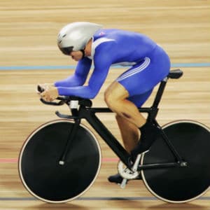 Cyclist track in purple suit white helmet black bike on yellow wood velodrome track