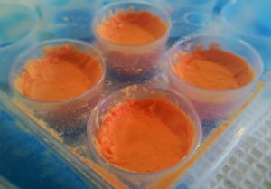 orange coloured bicarb soda pressed into an ice cube tray