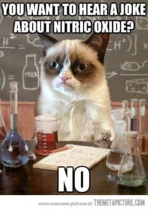 Grumpy cat and Nitric Oxide meme: You want to hear a joke about Nitric Oxide? NO