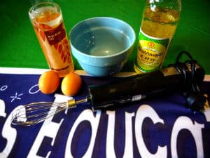 A bottle of oil, blue bowl, bottle of rice vinegar, 2 brown eggs, black electric whisk on green and blue Fizzics Education tablecloth