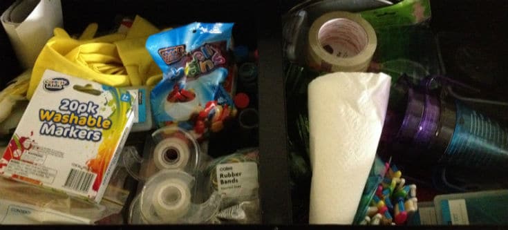 Science craft materials in a cupboard drawer