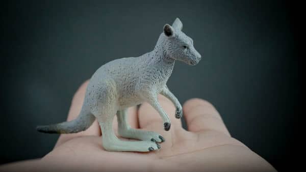 Eastern grey kangaroo replica placed in the palm of a hand. Side view