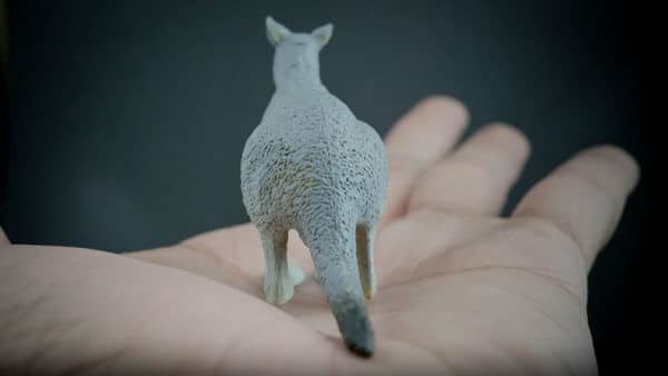 Eastern grey kangaroo replica placed in the palm of a hand. Back view