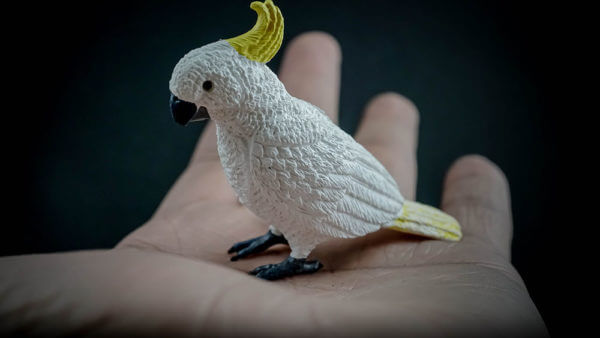 Sulfur-crested Cockatoo replica standing on a hand. Side view