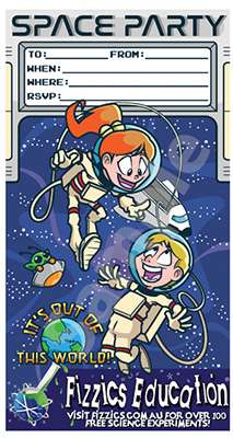Fizzics space science party cartoon invitation