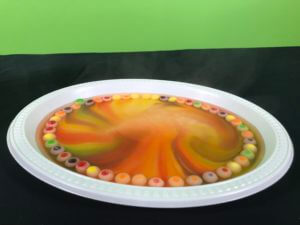Skittle science experiment hot water version - rainbow end result side view