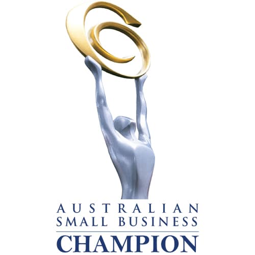 blue writting saying Australian Small Business Champion with a white ackground and and image at the top