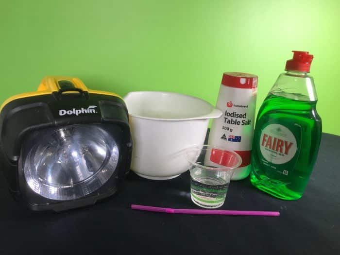 Materials needed for the bubble interference experiment showing a torch, a bowl, a cup of water, salt, a straw and detergent