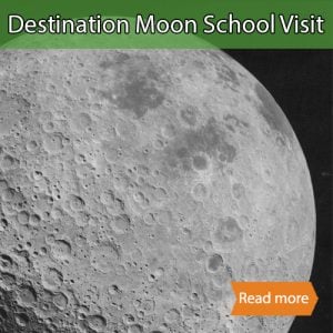 Destination Moon & Beyond school science visit tile showing the title layered over the back side of the moon