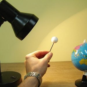 Solar eclipse demonstartion using a light, globe and ball on a stick