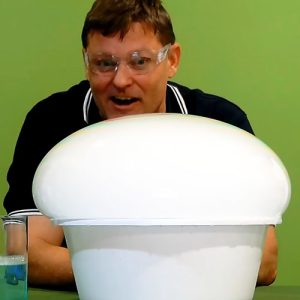 A giant bubble filled with fog coming out of a white bowl with a Fizzics science presenter watching it rise